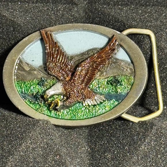 Vintage Belt Buckle Eagle in Flight Mountains River Tree By C&J in USA 1985 2.5" - Picture 13 of 16
